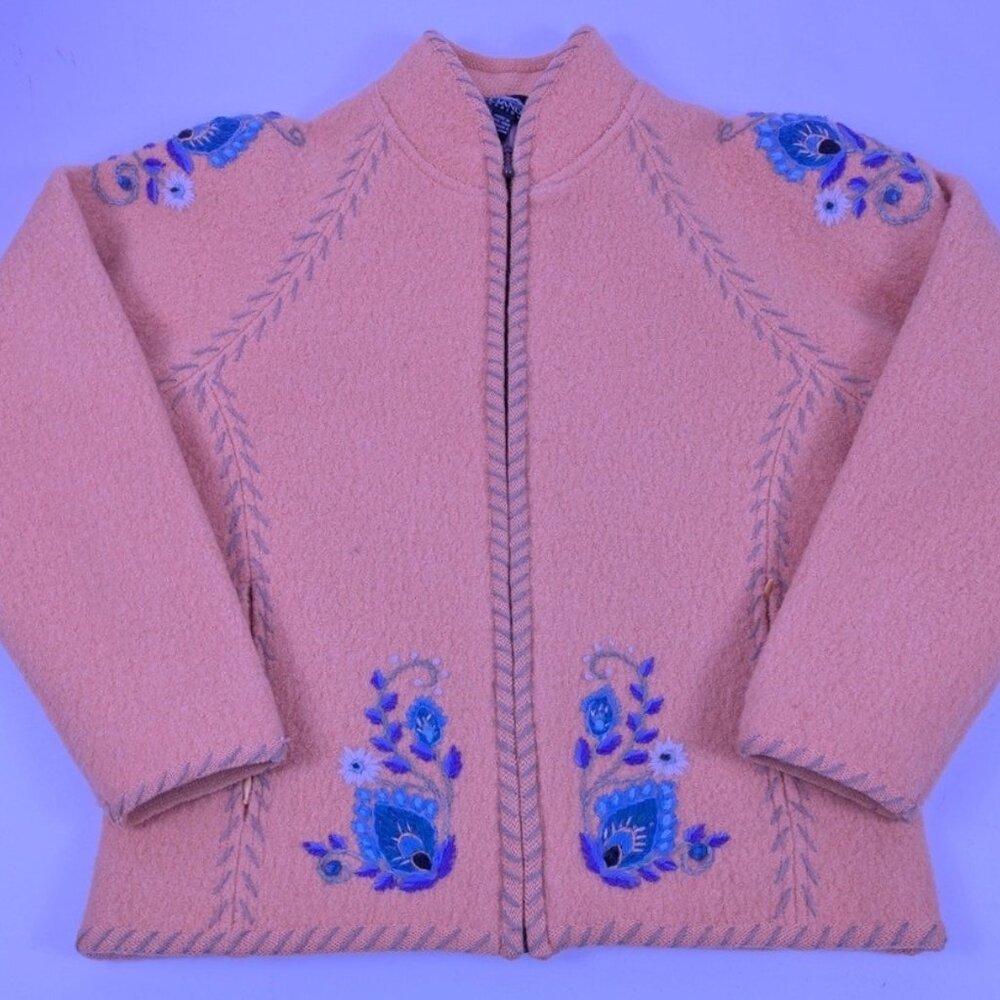 vtg ICELANDIC DESIGN Jacket Small Wool Yellow Sunshine Flower Embroidered